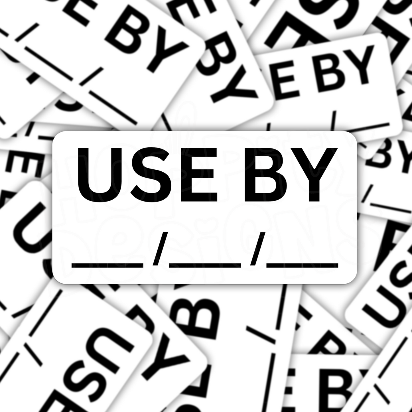 A collection of white rectangular stickers with 'USE BY' text and space for handwriting the date, arranged in a pattern.