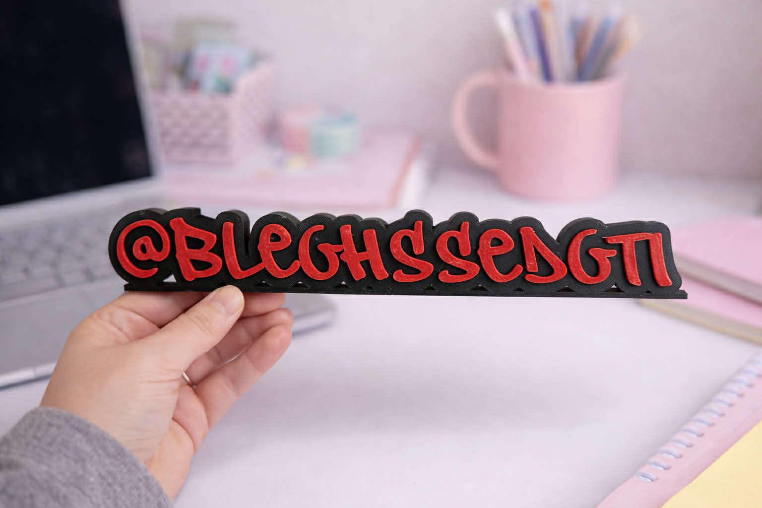 Hand holding a red and black 'BLEGHSSEDGTI' sign in front of a blurred office desk.