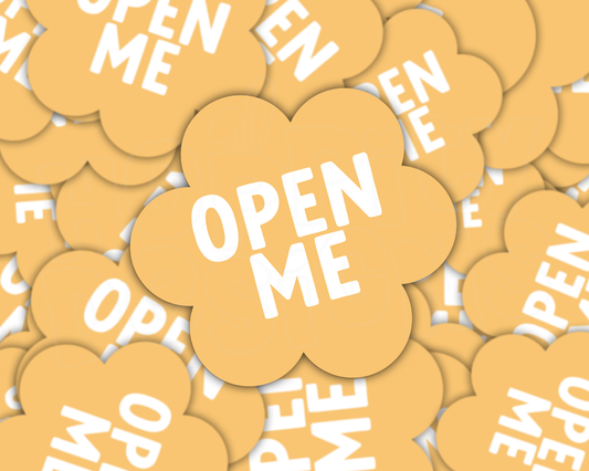 Yellow 'Open Me' Flower Shaped Parcel Stickers