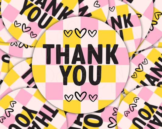 Checkered Pink & Yellow Thank You Stickers